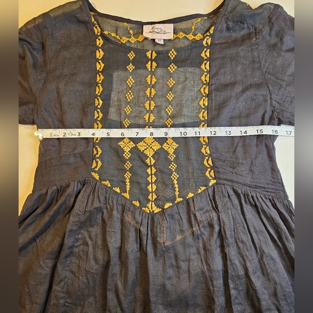 Feminine Boho Embroidered Sheer Tunic Black & Gold Dress Medium - Picture 4 of 5